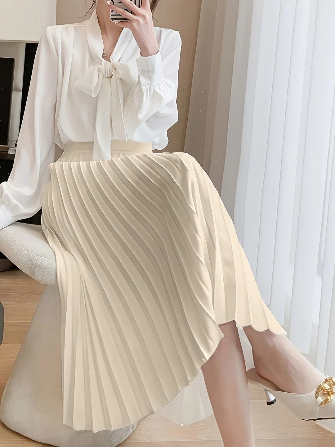 Women’s Satin-Finish High Waist Pleated Midi Skirt