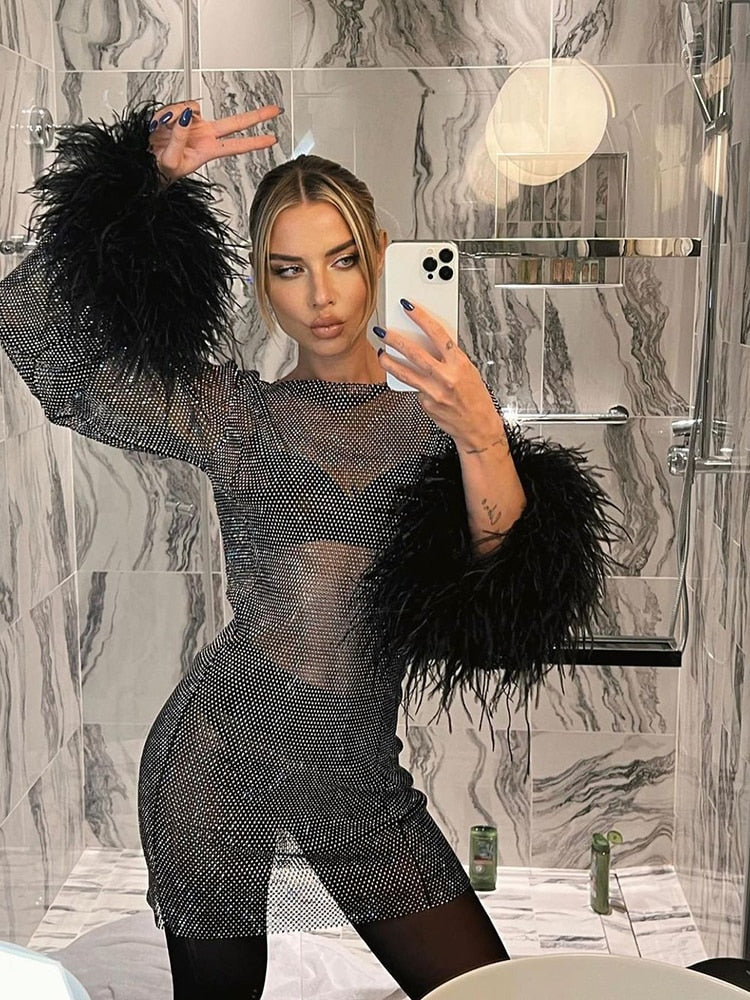 Women’s Sequin Mini Dress Featuring Feather Cuff Sleeves