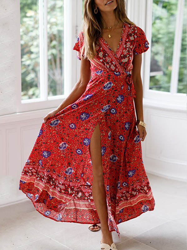 Robe portefeuille maxi Boho Bloom à imprimé floral, col V, manches courtes, taille structurée