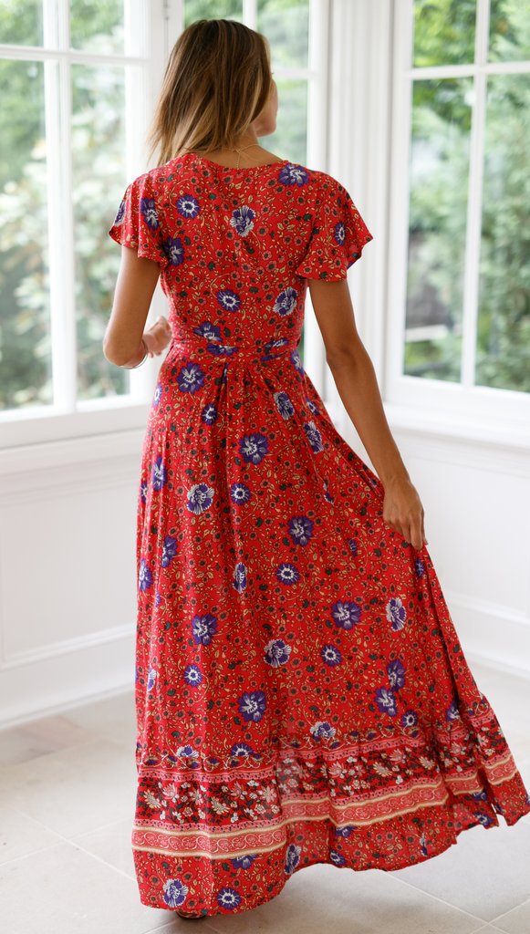 Robe portefeuille maxi Boho Bloom à imprimé floral, col V, manches courtes, taille structurée