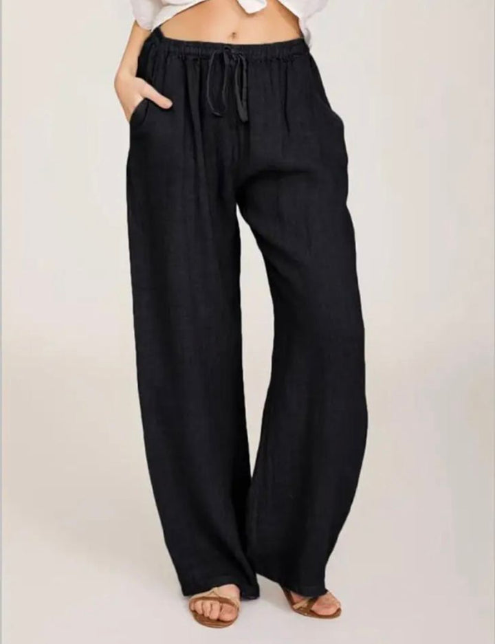 Summer Linen Wide Women's Pants Breathable, Wide-Leg Fit, Elastic Waistband, Side Pockets