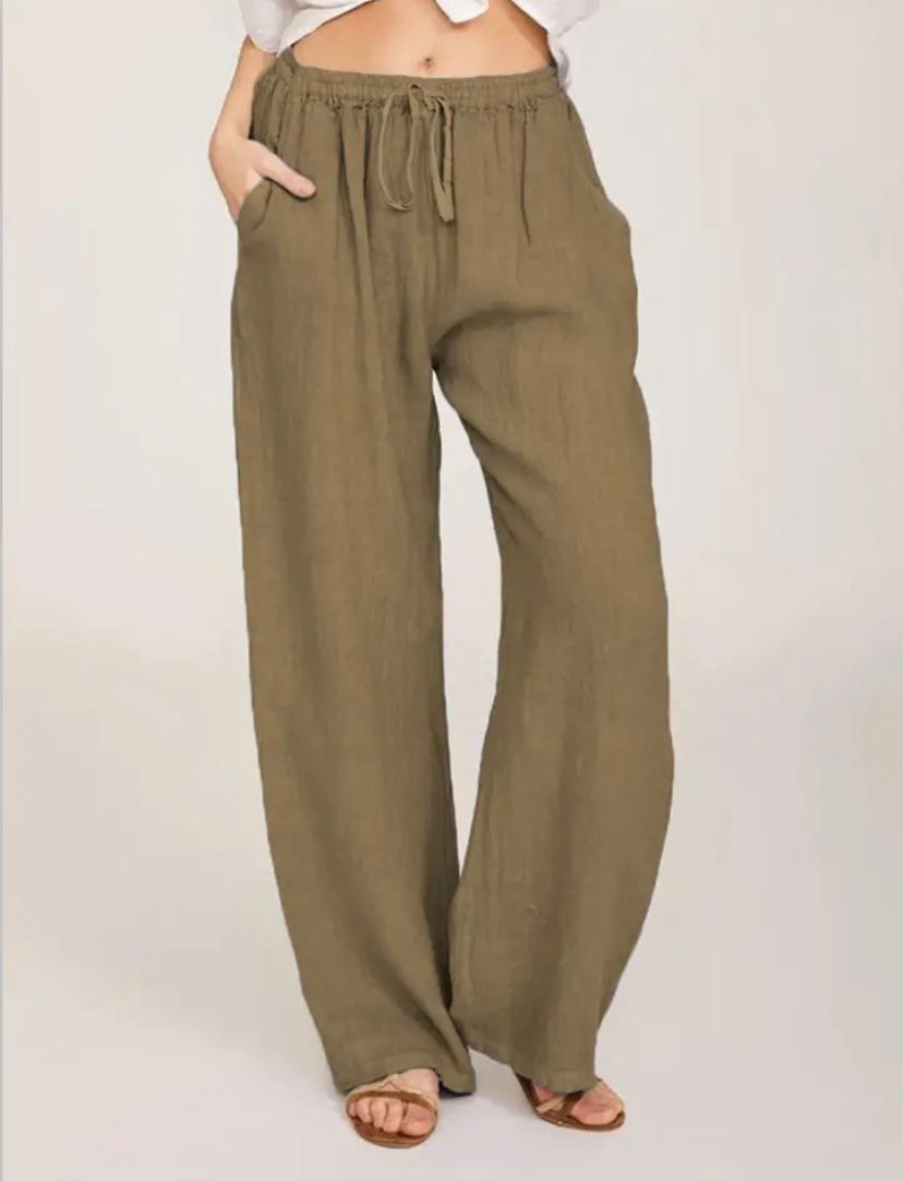 Summer Linen Wide Women's Pants Breathable, Wide-Leg Fit, Elastic Waistband, Side Pockets