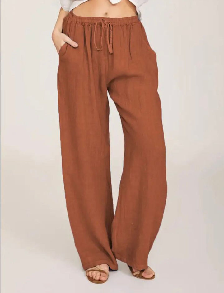 Summer Linen Wide Women's Pants Breathable, Wide-Leg Fit, Elastic Waistband, Side Pockets