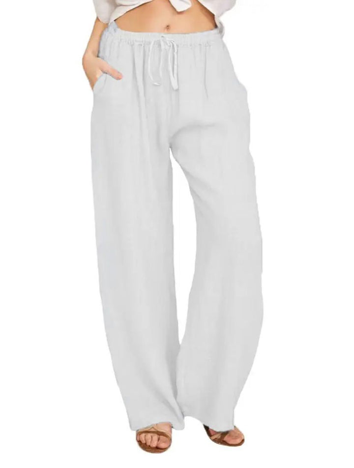 Summer Linen Wide Women's Pants Breathable, Wide-Leg Fit, Elastic Waistband, Side Pockets