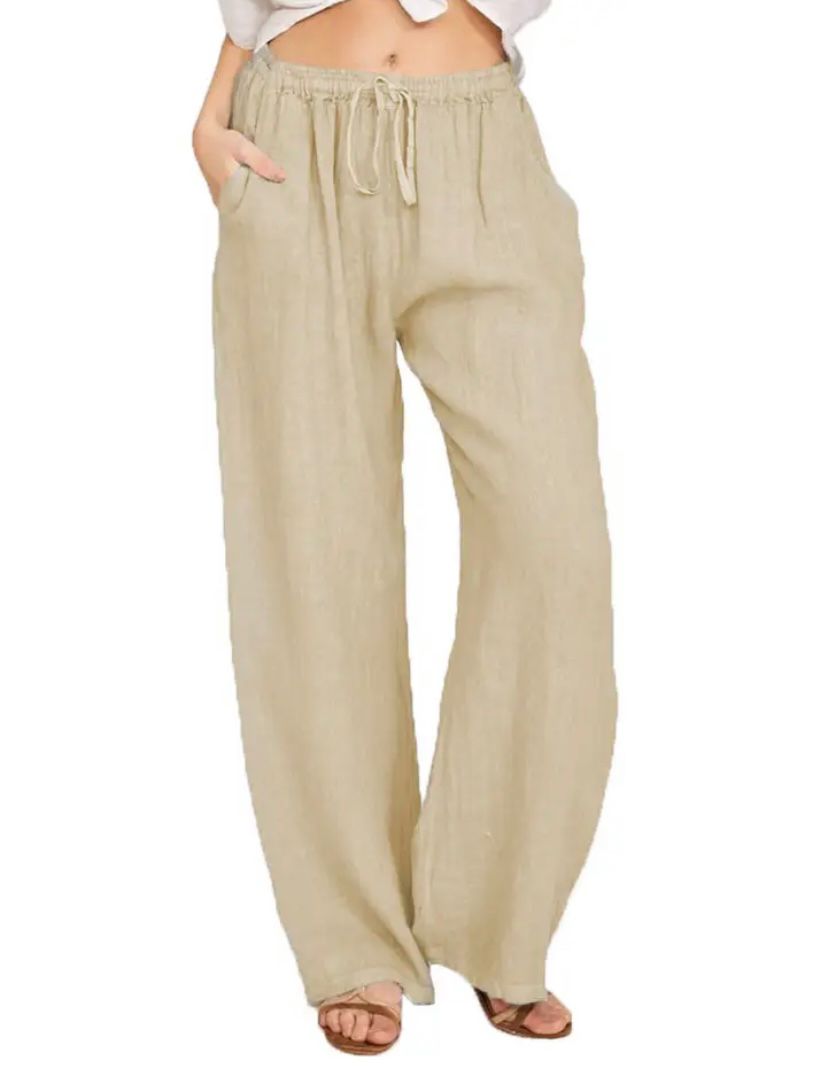Summer Linen Wide Women's Pants Breathable, Wide-Leg Fit, Elastic Waistband, Side Pockets