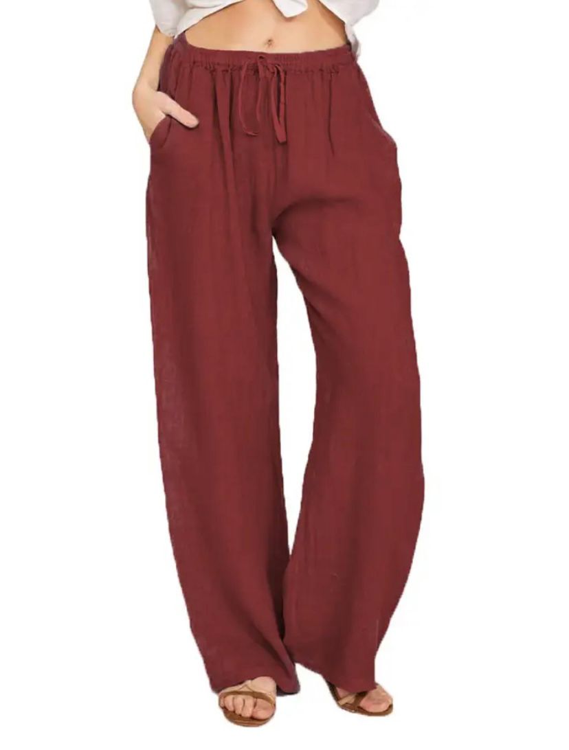 Summer Linen Wide Women's Pants Breathable, Wide-Leg Fit, Elastic Waistband, Side Pockets
