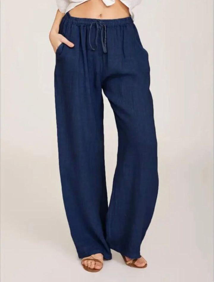 Summer Linen Wide Women's Pants Breathable, Wide-Leg Fit, Elastic Waistband, Side Pockets