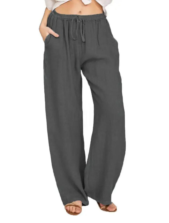 Summer Linen Wide Women's Pants Breathable, Wide-Leg Fit, Elastic Waistband, Side Pockets