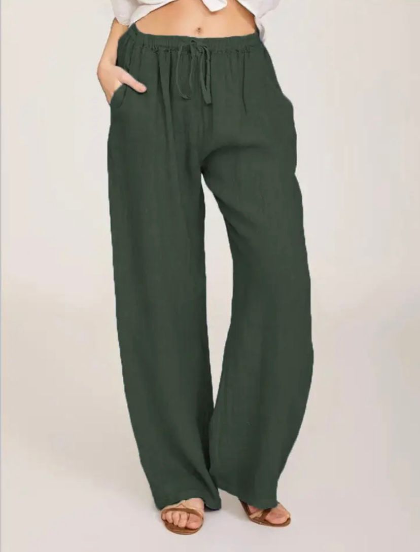 Summer Linen Wide Women's Pants Breathable, Wide-Leg Fit, Elastic Waistband, Side Pockets
