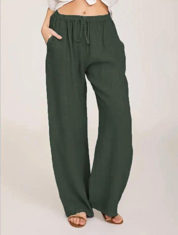 Summer Linen Wide Women's Pants Breathable, Wide-Leg Fit, Elastic Waistband, Side Pockets