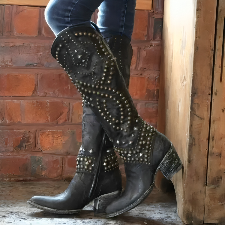 Women’s Knee-High Western Boots with Studded Detail and Block Heel