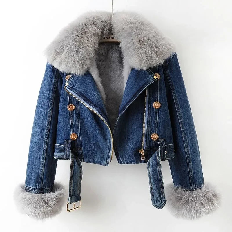Accogliente giacca di jeans staccabile con finiture in peluche