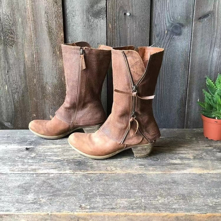 Bottes zippées mi-mollet pour femmes avec talon bas pour plus de confort