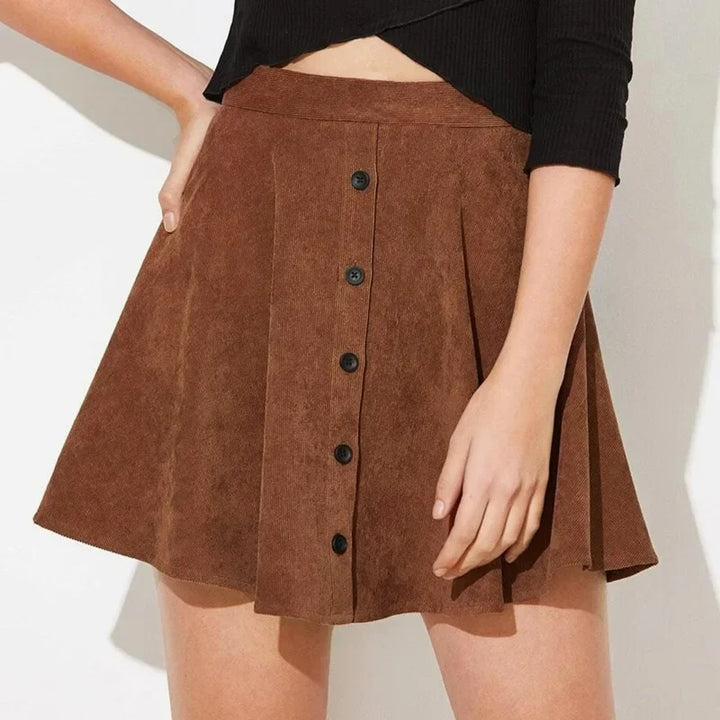 Button-Front High-Waisted Corduroy A-Line Mini Skirt