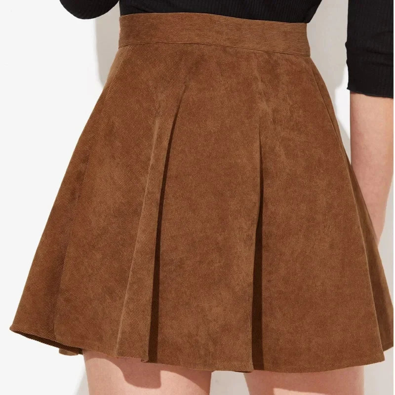 Button-Front High-Waisted Corduroy A-Line Mini Skirt