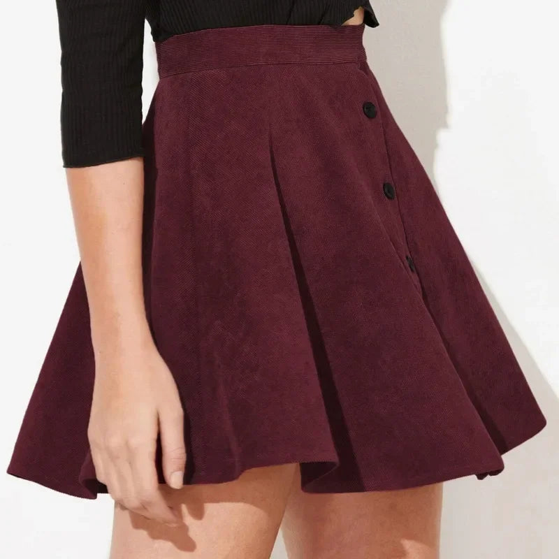 Button-Front High-Waisted Corduroy A-Line Mini Skirt
