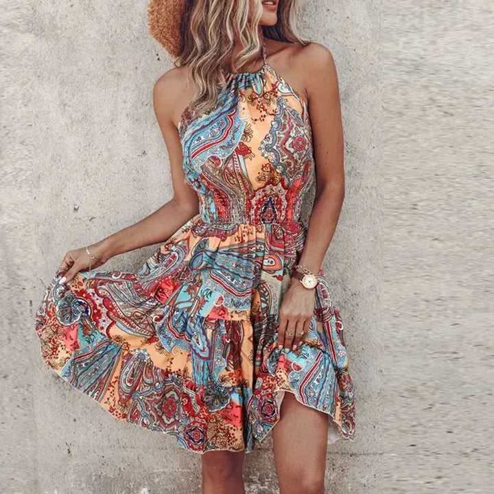 Women’s Printed Boho Mini Dress Backless Lightweight