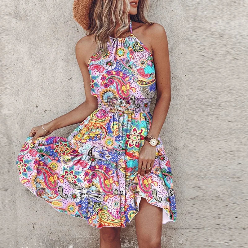 Women’s Printed Boho Mini Dress Backless Lightweight