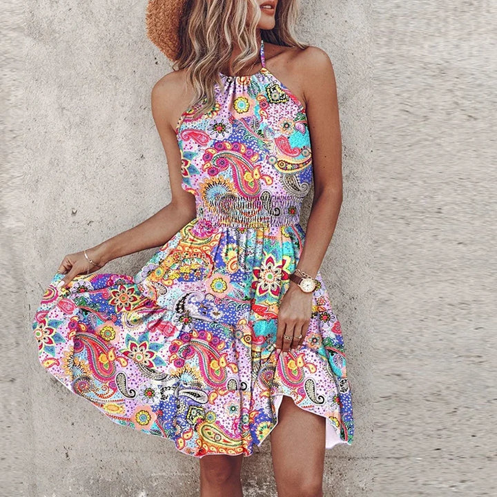 Women’s Printed Boho Mini Dress Backless Lightweight