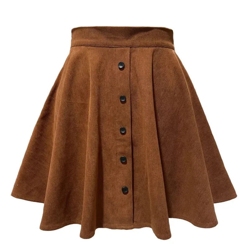 Button-Front High-Waisted Corduroy A-Line Mini Skirt