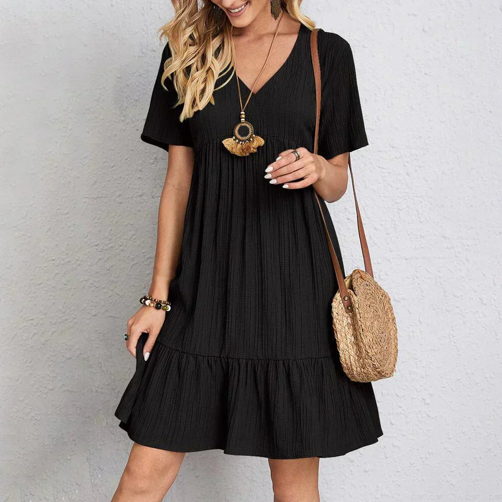 Women Mini Dress Boho Ruffle Hem Lightweight