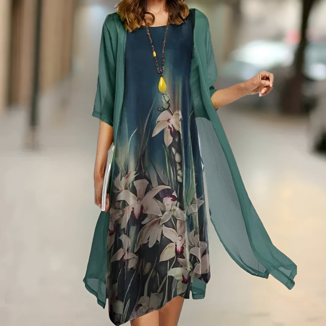 Women Flowing Dress with Cardigan Cotton Floral Summer Fit