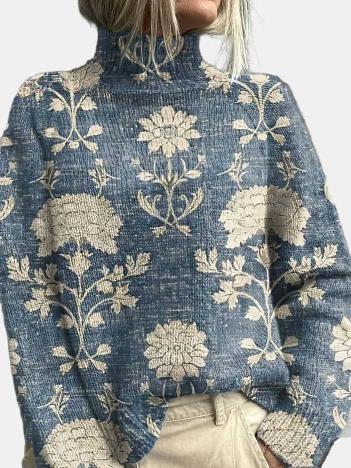 Women's High Neck Knit Sweater with Forest Pattern