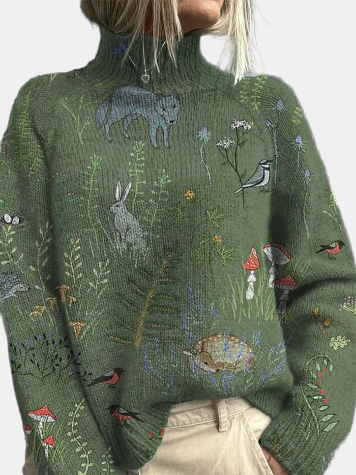 Women's High Neck Knit Sweater with Forest Pattern