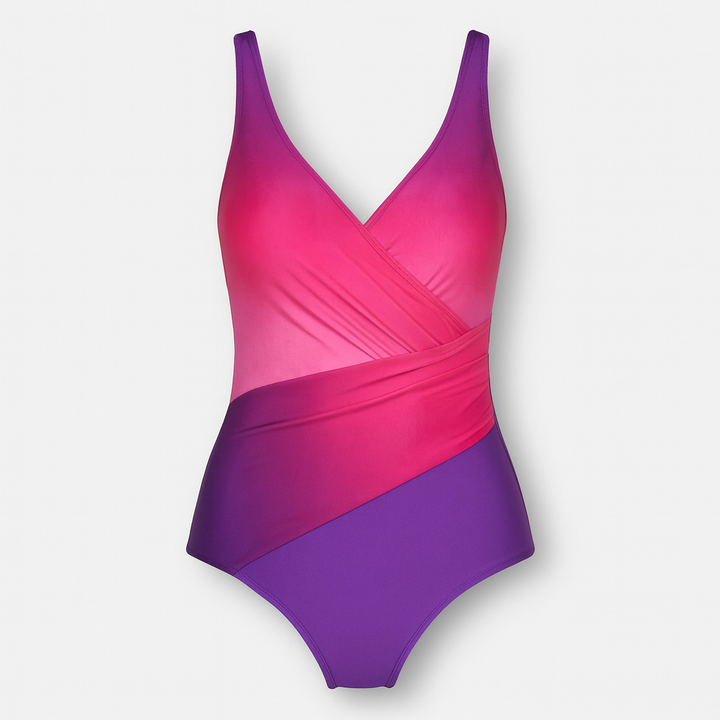 Damski dwurzędowy strój kąpielowy z głębokim dekoltem w kształcie litery V i plisowanymi detalami, elegancki, artystyczny design