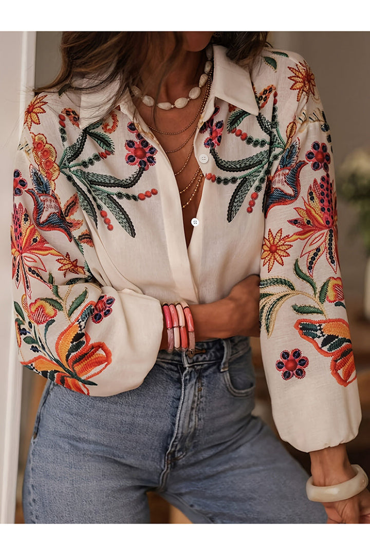 Elegant Women’s Floral Embroidered Blouse with Wide Sleeves – Southern-Inspired & Versatile