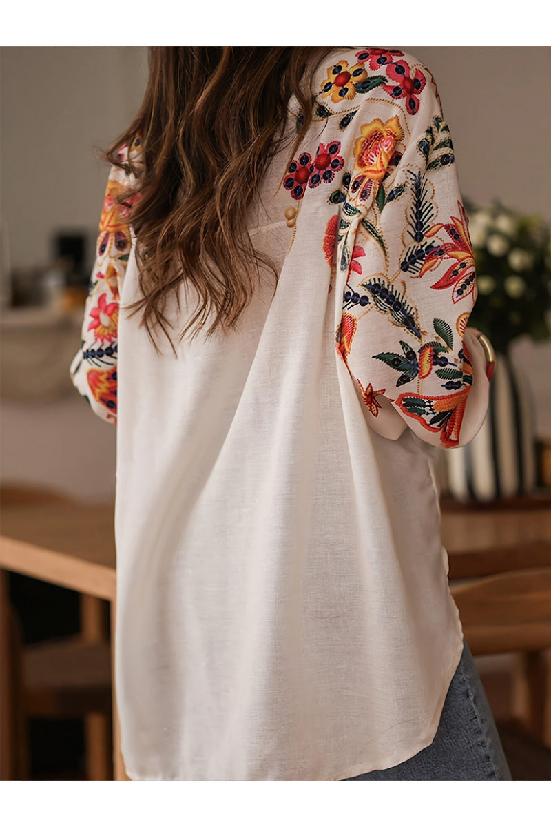 Elegant Women’s Floral Embroidered Blouse with Wide Sleeves – Southern-Inspired & Versatile