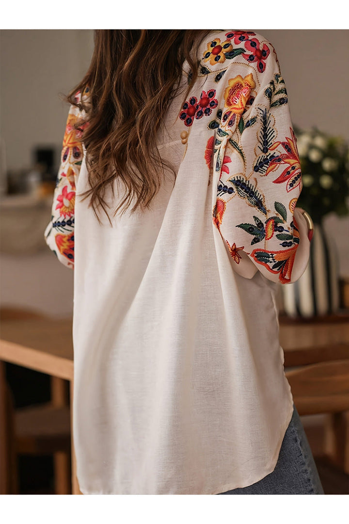 Elegant Women’s Floral Embroidered Blouse with Wide Sleeves – Southern-Inspired & Versatile