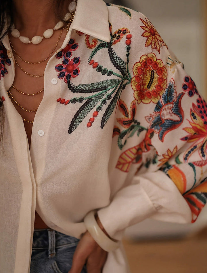 Elegant Women’s Floral Embroidered Blouse with Wide Sleeves – Southern-Inspired & Versatile