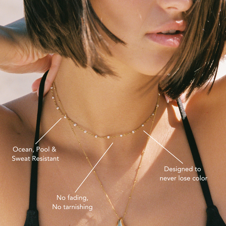 White Beaded Choker Necklace for Women Stainless Steel | Waterproof, Hypoallergenic, Adjustable Fit