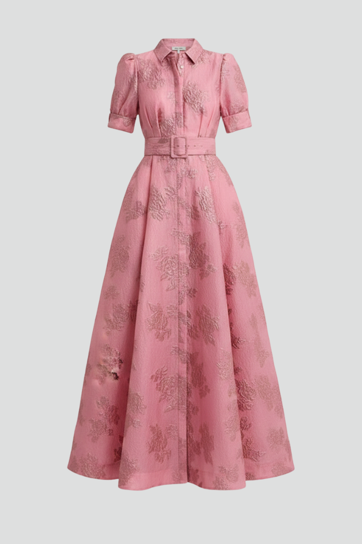 Abito maxi con stampa floreale da donna in cotone manica corta con cintura in vita