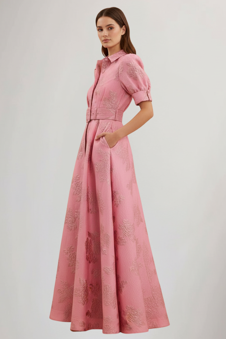 Abito maxi con stampa floreale da donna in cotone manica corta con cintura in vita