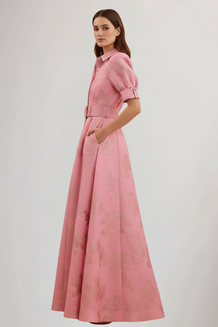 Abito maxi con stampa floreale da donna in cotone manica corta con cintura in vita