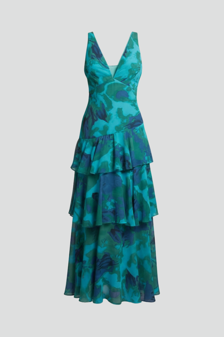 V-hals Maxikjole Dame Tiered nederdel Justerbare stropper