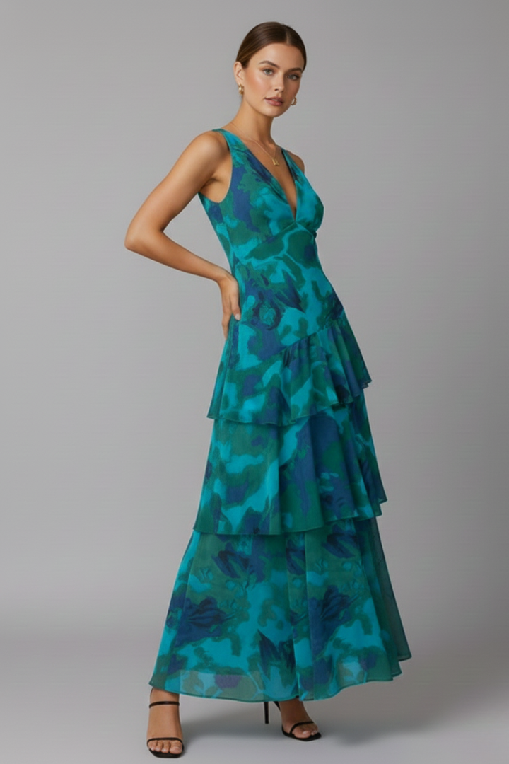 V-hals Maxikjole Dame Tiered nederdel Justerbare stropper