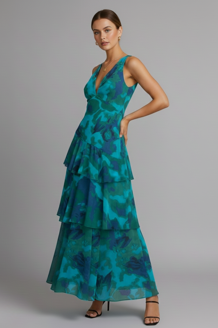 V-hals Maxikjole Dame Tiered nederdel Justerbare stropper