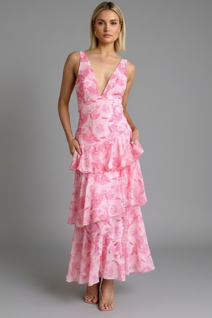 V-hals Maxikjole Dame Tiered nederdel Justerbare stropper