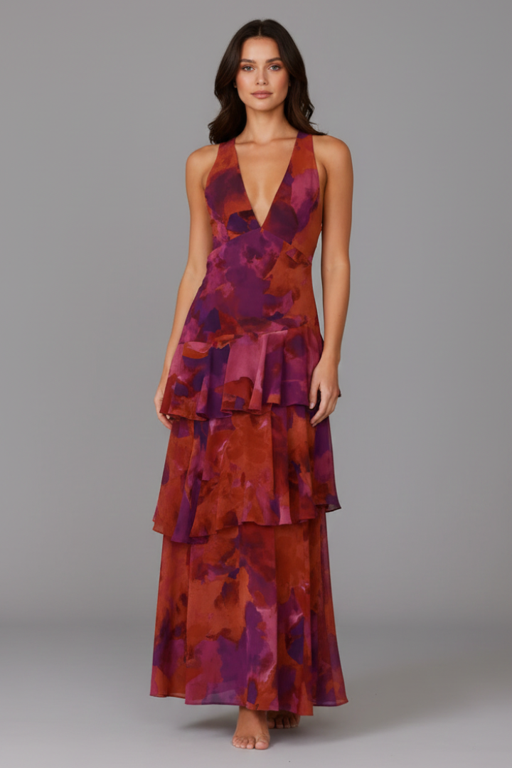 V-hals Maxikjole Dame Tiered nederdel Justerbare stropper