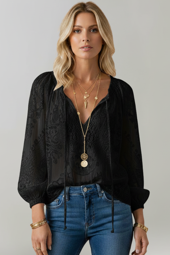 Transparente Damenbluse mit Häkeldetails und Bindekragen – Bequeme Passform