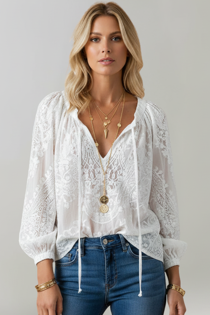 Transparente Damenbluse mit Häkeldetails und Bindekragen – Bequeme Passform