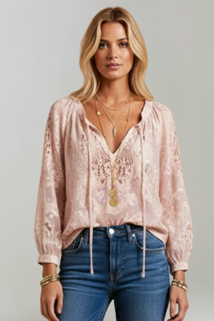 Transparente Damenbluse mit Häkeldetails und Bindekragen – Bequeme Passform