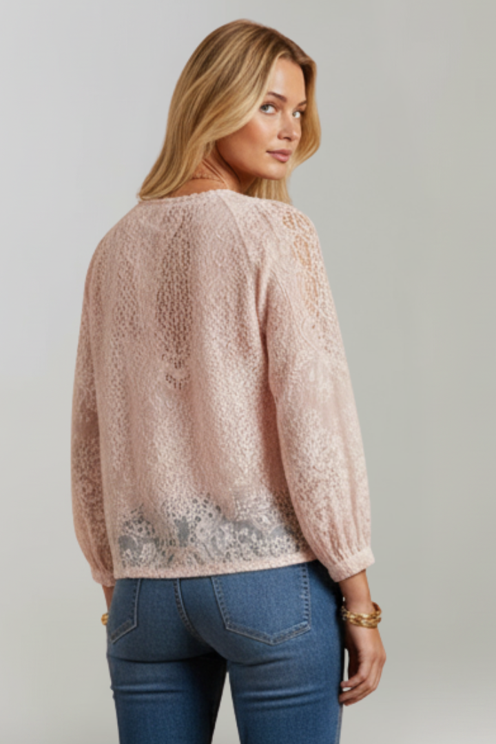 Transparente Damenbluse mit Häkeldetails und Bindekragen – Bequeme Passform