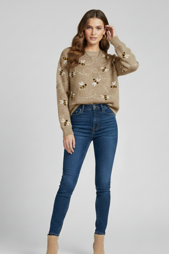 Women's Soft Knit Sweater with Bee Embroidery