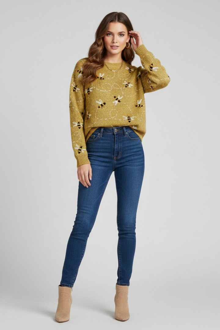 Women's Soft Knit Sweater with Bee Embroidery