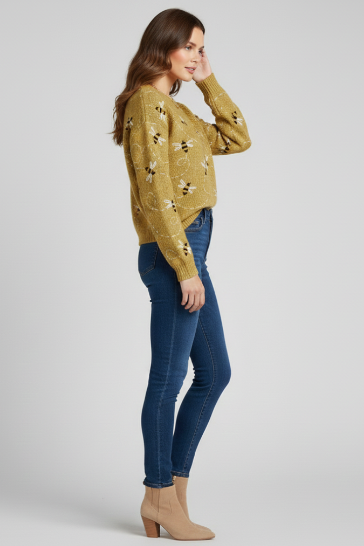 Women's Soft Knit Sweater with Bee Embroidery