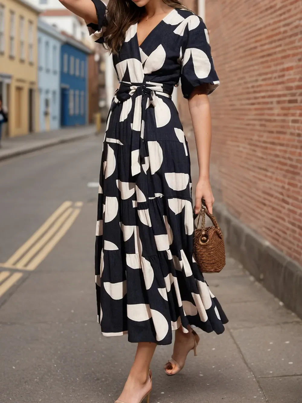 Tiered Floral Midi Dress with Tie Waist and Half Sleeves – Summer Wedding Guest Attire